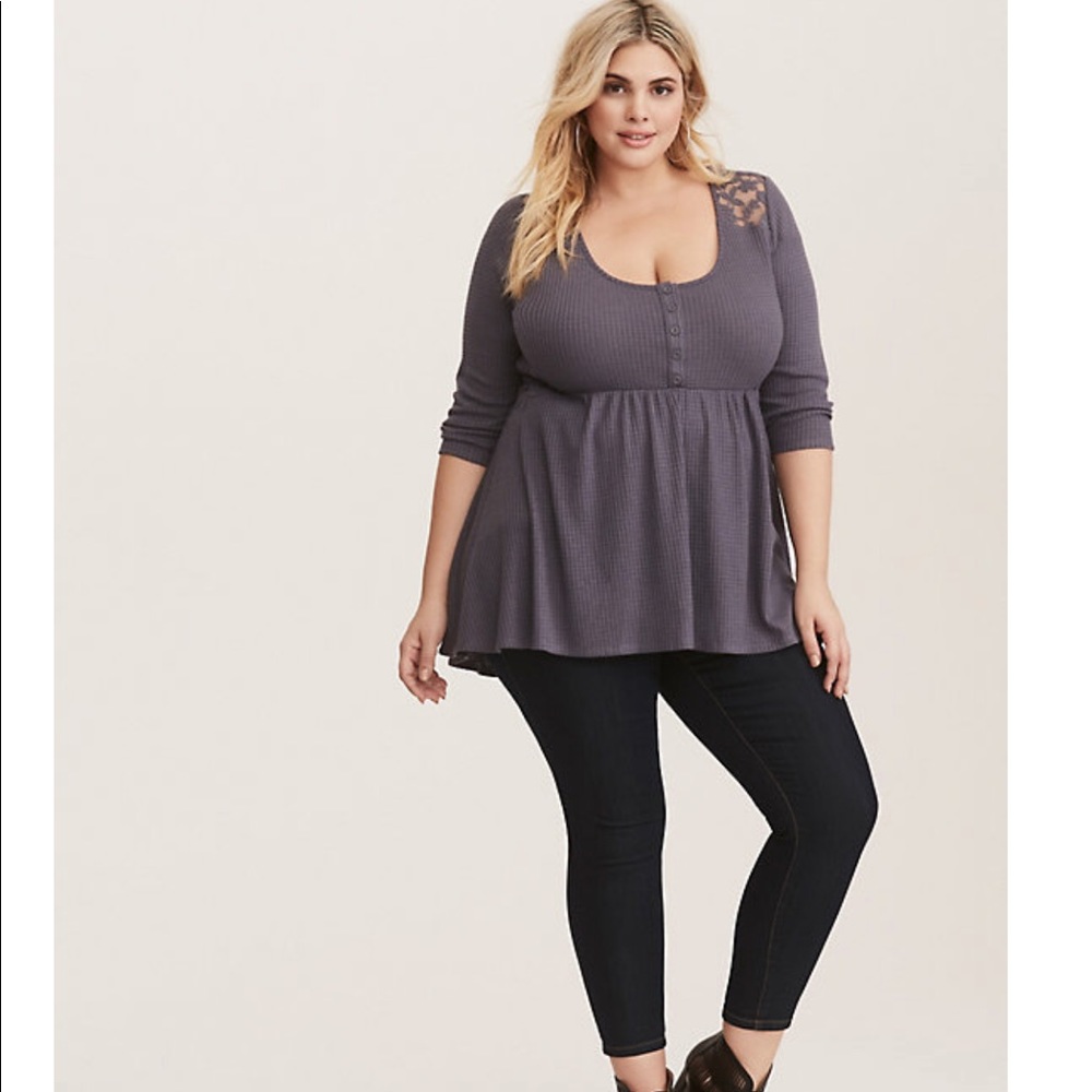 Torrid Grey Lace Waffle Knit Babydoll Top
